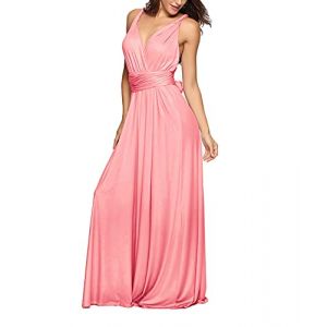 HAHAEMMA Robe &Eacute;l&eacute;gante Longue pour Femme - Col en V - Dos Nu - Demoiselle d'Honneur - Longueur au Sol - Bal - Plage d'&Eacute;t&eacute;, Rose, M (EMMA'S CLOTHING, neuf)