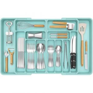 Lifewit Grand Range Couverts, Rangement Couvert Tiroir Cuisine, Extensible de 54.1 jusqu'à 91,4 cm de Large, Organisateur en Plastique pour Couverts, Cuillères, Fourchettes, Couteaux, Turquoise (Lifewit Home FR, neuf)