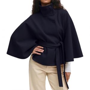 Cocila Ponchos &agrave; Manches Chauve Souris Pour Femmes Manteau En Laine Col Montant Ceinture Cape Veste D'hiver Courte Long Chic (Blue M) Veste En Jean Beige Jeans Fourree Blanche (CHOHJIA, neuf)