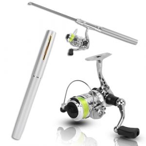 Equlup Canne &agrave; P&ecirc;che et Moulinet en Forme de Stylo, P&ecirc;che en Eau Douce et Sal&eacute;e, Mini Canne &agrave; P&ecirc;che R&eacute;tractable de Poche avec Moulinet pour Eau Douce et Sal&eacute;e (Argent) (Latina.e, neuf)