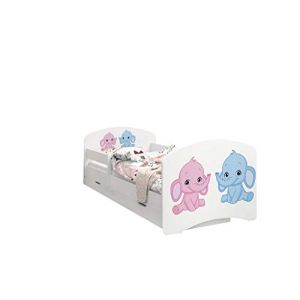 Happy Babies - LIT D'ENFANT DOUBLE FACE AVEC TIROIR Design moderne avec bords s&eacute;curis&eacute;s et matelas en mousse antichute 7 cm (&Eacute;l&eacute;phant rose et Bleu, 180x90) (EuroTrip, neuf)
