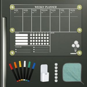 LVNRIDS Tableau Transparent Frigo Effacable, 42 x 30 cm Acrylique Tableau Planning Semaine Magnetique Calendrier Frigo Transparent (LKN Store, neuf)