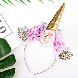 KOOKZ Serre-t&ecirc;te Licorne, 1 Pi&egrave;ce Fille Bandeau Fleur et Corne de Licorne Oreilles, Bandeaux D&eacute;coratif Licorne Accessoires Serre Tete Fete pour Cosplay Birthday Party Halloween Carnaval (Dor&eacute;) (SHILL DRENG, neuf)