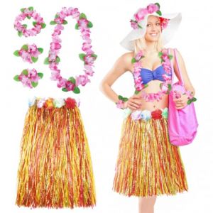Aomig Jupe Hawaïenne, 40/60cm Set de Jupe Hawaïenne en Paille avec Collier de Fleurs, Costume Hawaïen, Jupe de Hula, Décoration de Fête d'été Plage, Accessoire de Fête Tropicale Luau (Yadark, neuf)