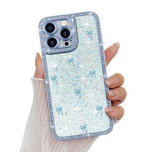 Wirvyuer Compatible avec iPhone 15 Pro Max Coque Glitter Luxe Brillant Housse avec Cristal Diamant pour Femme Fille Bling Strass Coque avec 3D N&oelig;uds Case pour iPhone 15 Pro Max Bleu (meijiehua, neuf)