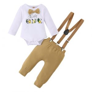 LUVCES B&eacute;b&eacute; Gar&ccedil;on 1st Anniversaire V&ecirc;tement Gentleman Wild One Imprim&eacute; Barboteuse Haut + Bretelles Short/Pantalon 2 Pi&egrave;ces &Eacute;t&eacute; Automne Ensemble Tenue Manches longues Wild One Coffee 9-12 Mois (SANYI FASHION, neuf)