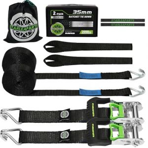 StarLeaparts Lot de 4 Sangles de Roue, 35mm x 6m, 2000kg, Sangles d'arrimage pour Transport Voiture, Sangle de Serrage Pneu, Sangle a cliquet Roue, Sangle de s&eacute;curit&eacute; de Roue, Noir (StarLeaparts, neuf)