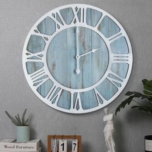 HAITANG Horloge Murale Ronde en Bois Moderne rétro Bleu 60 cm Chiffres Romains décor de Salon, légère Tique Horloge Murale décor à la Maison Jardin Bureau café décor de Chambre- 60 cm (Haitang EU STORE, neuf)