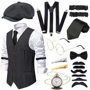 Ensemble de 10 costumes pour homme des ann&eacute;es 1920 pour adulte, costume de gangster r&eacute;tro ann&eacute;es 20 rugissant avec gilet, chapeau octogonal, n&oelig;ud papillon, poignets, lunettes, barbe, pince &agrave; cravate (rongjia-ww, neuf)