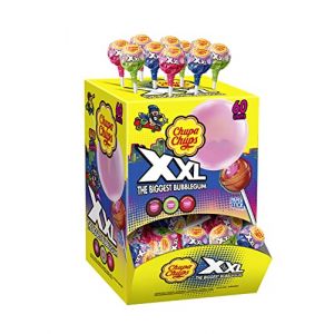 Chupa Chups - Boite de 60 Sucettes XXL Avec Coeur Bubble Gum - Parfums Fraise, Pomme, Cola pour la Sucette + Chewing Gum - Géantes - 1,74 Kg (WEB2O, neuf)
