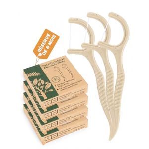 200x fil dentaire avec manche naturel fils dentaires cure dent sans plastique soie dentaire Natural Dental Floss Picks &Eacute;cologique B&acirc;tonnets de fil dentaire en ma&iuml;s et paille vegan(4x50) (Laoye, neuf)