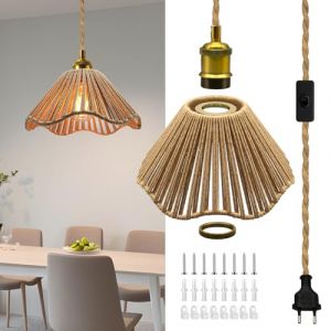 Lustre en Corde de Chanvre 5.1M, Suspension Luminaire en Laiton Vintage avec Abat-Jour en Corde de Chanvre Tress&eacute;, Douille E27 avec Interrupteur, DIY Lampe Suspendue Industrielle pour Salon Chambre (Wrpacttg, neuf)