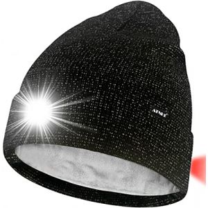 ATNKE Unisexe 8 LED Bonnet Lampe Frontale,USB Rechargeable Rouge Feu Arrière Clignotant Chapeau de Course Lumière Chaud Polaire Doublée Tricot Bonnet Cadeaux pour Hommes et Femmes/Black Goldwire (Memorye, neuf)