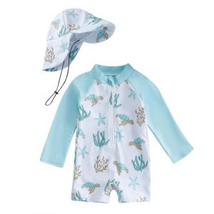 Maillot de Bain Enfant Bébé Garçon de 2 Pièces Anti-UV, Combinaison Zippé à Manches Longues Imprimé + Chapeau à Large Bord Maillot de Bain Bébé Garçon Maillots de Bain Fille (PINTUTU SEXY, neuf)