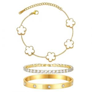 LIUYIDM Bracelet Trefle Bijoux 3 Pi&egrave;ces en Tr&egrave;fle &agrave; Cinq Feuilles Dor&eacute;s Bracelets Trefles Accessoires &eacute;l&eacute;gants Trefle a 4 Feuilles Bijoux, Cadeau Symbole Porte-Bonheur Anniversaires Blanc (Avec bo&icirc;te) (LIUYIKJ, neuf)