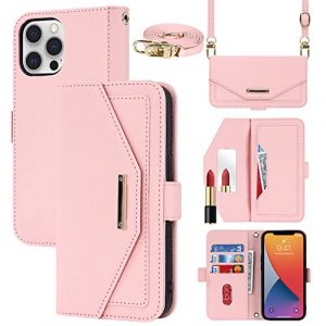 Cavor Coque Compatible avec iPhone 12 Pro Max Etui avec Cordon,Flip Portefeuille &Eacute;tui Cuir,[5 Porte Cartes][Miroir][Magn&eacute;tique][R&eacute;glable Collier] Housse - Rose (Copmob, neuf)