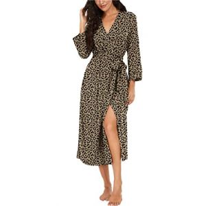 PrinStory Long Peignoir Bain Femme,Robe Vêtements De Nuit Kimono Léger,Col en V avec Ceinture, Idée Cadeau Femme (Léopard Kaki, M) (prinstoryuk, neuf)
