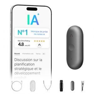 Plaud NotePin S Enregistreur Vocal IA avec Bouton Tactile Prise de Notes IA Transcription R&eacute;sum&eacute; IA Dictaphone Enregistreur Num&eacute;rique pour R&eacute;unions et Interviews avec 4 Accessoires Gris (Plaud Official, neuf)