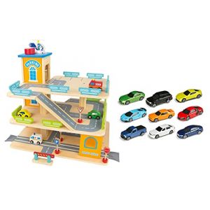 Leomark Le Grand Garage avec Accessoires - 9 Voitures en métal - en Bois Parking À Voitures avec Étage et Ascenseur, Multicolore, Trois étages Jouet pour Enfants + Pendentif réfléchissant (Leomark, neuf)