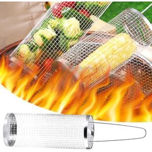 Panier de gril à rouler, panier de gril à rouler pour barbecue en plein air, grille ronde en acier inoxydable, grille de cuisson portable pour le camping en plein air, grille de barbecue pour légumes, (Songaga, neuf)