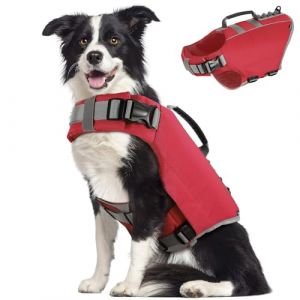 Pawaboo Gilet de Sauvetage pour Chien, Gilets de Natation Réfléchissant pour Animal de Compagnie en Tissu Oxford, Veste de Flottaison de Chien Réglable et Anti-Déchirure avec Poignée, L, Rouge (Joiel EU, neuf)