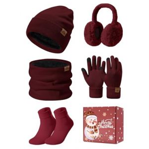 PASUDA 5pcs Ensemble Hiver Femme 5 en 1 Bonnet Echarpe Gant Tricot&eacute; Chaud &Eacute;charpe de Doublure Polaire Gants d'&eacute;cran Cache-Oreilles Chaussettes Thermiques Pour Ski Sports Ext&eacute;rieur (Bordeaux) (Amutoo, neuf)