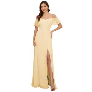 Ever-Pretty Robe de Soir&eacute;e Longue Femme &Eacute;paules D&eacute;nud&eacute;es &agrave; Bretelles &agrave; Volants Fendue en Mousseline Fluide Jaune 36 (Ever-Pretty Plus, neuf)