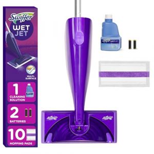 Swiffer WetJet Kit de démarrage pour nettoyeur de sols et bois durs, comprend : 1 balai électrique, 10 tampons, solution de nettoyage, piles (Sister's Good Deals, neuf)