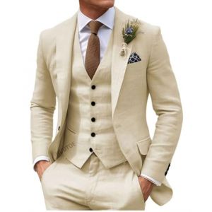 HUUTOE Costume 3 pi&egrave;ces en lin pour homme - Pour la plage, les mariages, les gar&ccedil;ons d'honneur - Costume d'&eacute;t&eacute; d&eacute;contract&eacute; - Blazer en lin - Gilet et pantalon de smoking, beige, Taille 5XL (NicetomeeeU, neuf)