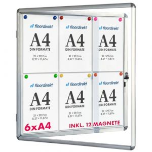 Floordirekt | Panneau d'affichage en aluminuim, vitrine d'affichage avec serrure à clé | Panneau arrière magnétique - Porte avec serrure - Cadre en aluminium | 24 aimants inclus| 6 x A4 (MEISTEREI, neuf)