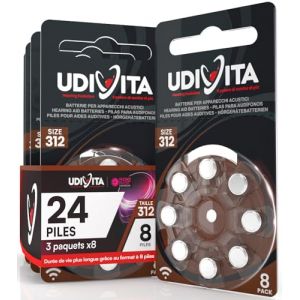 24 Piles Auditives Taille 312 Udivita PR41 (Marron) avec Technologie Phono Pulse Zinc-Air Hearing Evolution - 3 Blisters de 8 Piles (Eurocali, neuf)
