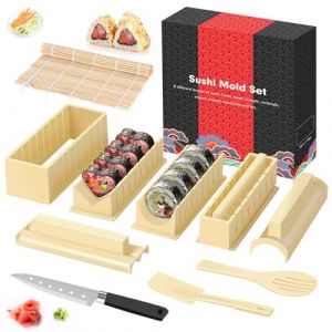 SKYSER Sushi Maker Kit 12 Pi&egrave;ces Outil de Sushi Making en Plastique avec 8 Formes Moule de Rouleau Riz &agrave; Sushi avec Fourchette Spatule DIY Kit de Sushi (Blanc Cass&eacute;) (SKYSER-FR, neuf)