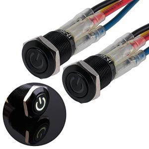 JIQI 2 × 12 mm Interrupteurs à bouton-poussoir étanches momentanés 12V à 24V 2A IP66 Boutons-poussoirs avec éclairage LED Interrupteurs à bouton-poussoir en métal noir avec fils de connexion (Blanc) (LUBAN STORE, neuf)