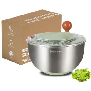 Lunememo 5L Essoreuse à Salade en Acier Inoxydable 18/10, Base Antidérapante, Bouton Stop, Utilisable en Saladier Inox, Sans BPA (SumJoy, neuf)