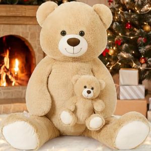 MorisMos XXL Ours en Peluche Geant, 130cm Brun Clair Nounours Geant Mom avec Bébé, Kawaii Ours Peluche Géante, Grand Teddy Bear Cadeau pour Enfants Anniversaire Noël (FUIYWIKE, neuf)