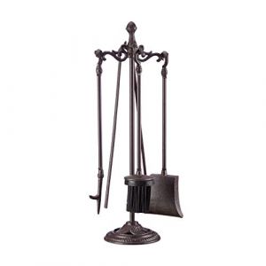 Relaxdays 10022938 Ensemble serviteur de chemin&eacute;e 5 pi&egrave;ces Accessoires Fonte de Fer avec Support, HxlxP 51 x 18 x 18 cm, Noir, Marron (Relaxdays, neuf)