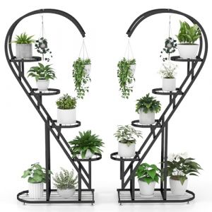 GOPLUS Support Plantes Interieur en M&eacute;tal &agrave; 5 Niveaux, 148 CM de Haut, 2 PCS Porte Plante Interieur avec 10 &Eacute;tag&egrave;res &agrave; Latte, 4 Crochets Suspendues pour Plantes Forme C&oelig;ur, pour Salon, Chambre (Noir) (Augenstern24, neuf)