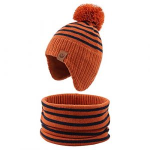 XIAOHAWANG Ray&eacute; Tricot&eacute; B&eacute;b&eacute; Bonnet Hiver Chaud Enfant Chapeau Classique Fille Gar&ccedil;on Bonnets avec Pompom Tout-Petit Chapeaux pour Activit&eacute; de Plain Air(Caramel(Chapeau+&eacute;charpe),4 &agrave; 7 Ans) (Xiaohawang Market, neuf)