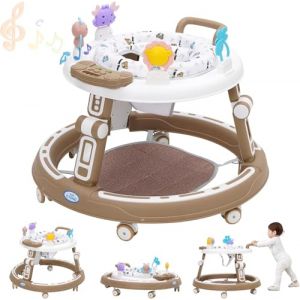 Trotteur B&eacute;b&eacute; 5 en 1,Trotteur Musical,Coussin Pivotant &agrave; 360&deg;, 6 Roulettes Silencieuses,Pliable, Hauteur R&eacute;glable,Convient aux Gar&ccedil;ons et Filles &acirc;g&eacute;s de Plus de 6 Mois,Marron (Maycoly, neuf)