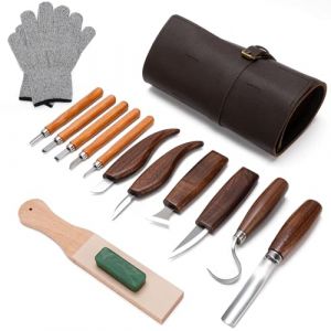 Ciseaux à Bois, 15 in 1 Outils de Sculpture Bois, Outillage Bois avec 5 Couteau Sculpture Bois, Professionnel/Junior Outil de Ciseaux a Bois Kit DIY avec Gants Anti-coupures (Ironcty, neuf)