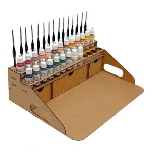 HobbyGlory Paint Station Support Pour Peintures Army Painter et Vallejo 26 pots. Rangement En Bois 15 Pinceaux. Support peinture warhammer 40k rangement figurines maquette outils (Hobby Glory, neuf)
