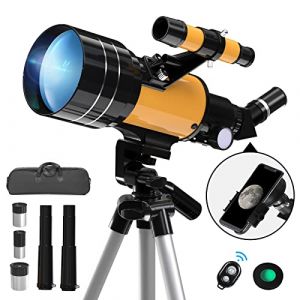 Télescope Astronomique, 70/300mm Réfracteurs Télescope pour Enfants/Débutants/Adultes, Télescopes Portable avec Adaptateur Smartphone, Télécommande, Trépied, Filtre Lunaire, Sac de Rangement (FengLiuJiMaoYiYouXianGongSi, neuf)