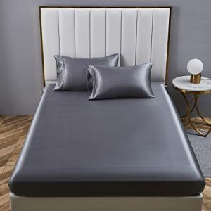 YASMENG Drap Housse 140x190 Satin Gris Foncé Uni Bonnet 30 cm Soyeux Brillant Luxe Soie Drap de lit en Satin de Soie Polyester Douce Lisse Respirant pour Matelas Épais (Tamir Zhang, neuf)