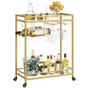 Lifewit Bar Desserte à roulettes, Desserte pour la Cuisine avec 2 étagères en Verre, Roues Verrouillables, Porte Verres et Support à Vin, Desserte pour Le Rangement Cuisine, Salle à Manger et, Doré (Lifewit Home FR, neuf)