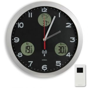FISHTEC - Horloge Murale Station Météo - Affichage Digital : Prévisions + Températures intérieur/extérieur - Hygrométre interieur - Radiopilotée Capteur Thermometre extérieur - Ø 30 cm (SOLDELA ®, neuf)