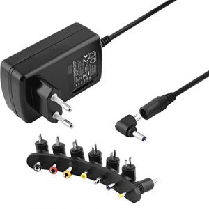 Bloc d'alimentation Universel Stable avec diff&eacute;rents adaptateurs coud&eacute;s 90&deg; pour appareils jusqu'&agrave; 1500 mA Entr&eacute;e 230 V Sortie 9 12 15 18 20 24 V DC Noir (BestPlug, neuf)