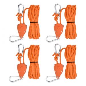 4 Pièces Corde de Tente Réfléchissante, 5M Corde De Camping Légère, 4mm Crochet à Cliquet de Poulie, Corde de Haubanage de Tente avec Tendeur en Aluminium, Corde Paracorde Our Auvent Bâche (Orange) (orienrace, neuf)