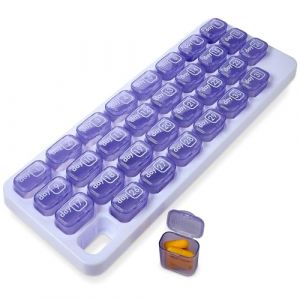 Pilulier mensuel &ndash; Pilulier 31 jours avec grandes dosettes de m&eacute;dicaments amovibles, bo&icirc;te &agrave; pilules portable et support pour m&eacute;dicaments quotidiens et vitamines pour les voyages, violet (RockDealer, neuf)