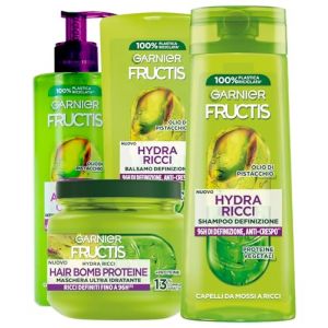 Garnier Fructis Hydra Boucles Cheveux Après-Shampooing Définissant + Masque Ultra Hydratant Protéines Hair Bomb + Shampoing à l'Huile de Pistache + Soin sans Rinçage Air-Dry Cream - Lot de 4 (Eurocali, neuf)