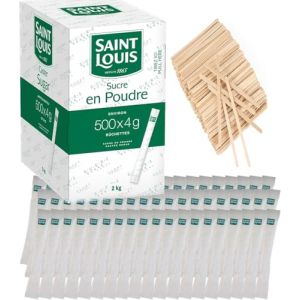 Sucre Blanc en Poudre SAINT LOUIS - 500 b&ucirc;chettes de sucre cristallis&eacute; individuels de 4g (2kg) avec agitateurs en bois &ndash; Id&eacute;al pour Professionnels &ndash; Offre Sp&eacute;ciale (Maxi&Mini, neuf)